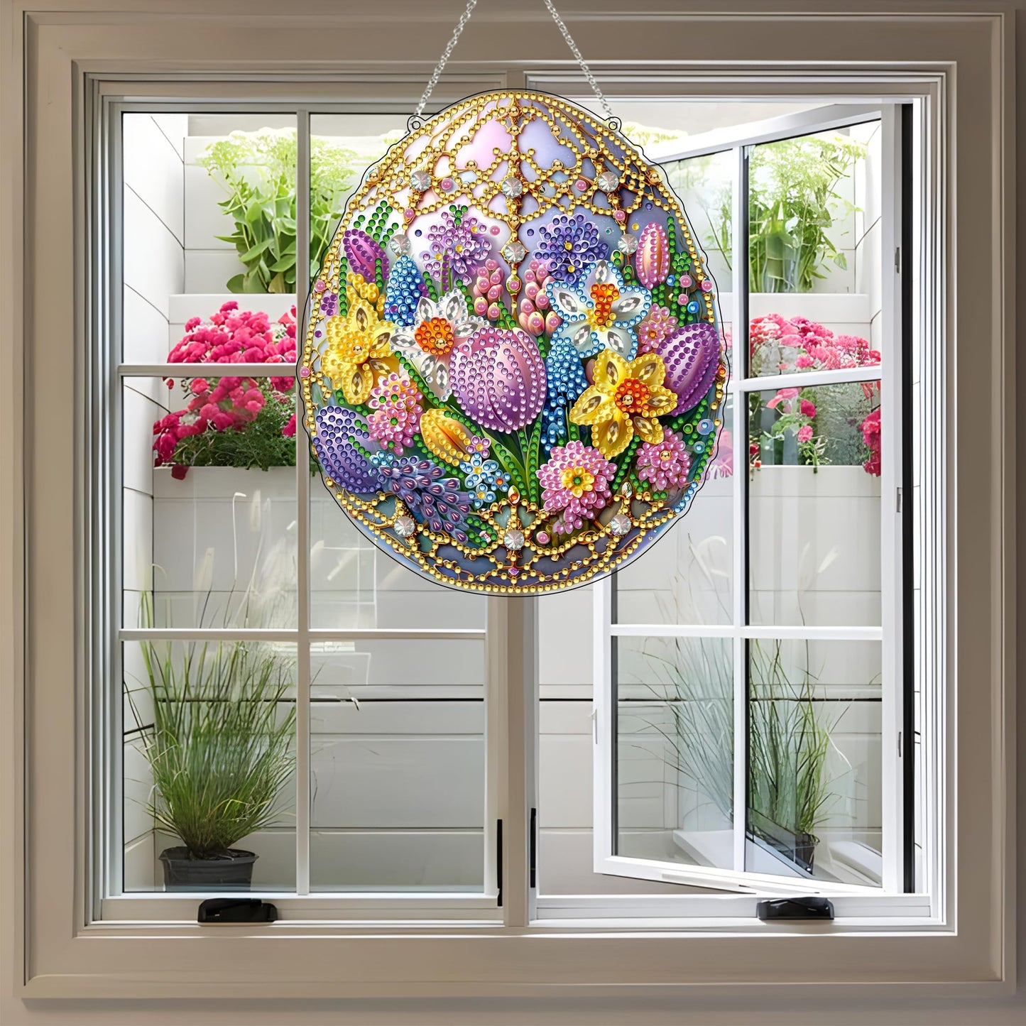 JJFox Easter Egg Flower Diamond Art Hanging Kit for Adult,Special Shaped Rhinestone,DIY Acrylic 5D Diamond Art Painting Window Pendants Home Garden Wall Hanging Kits Hanging Ornament,Double Sided