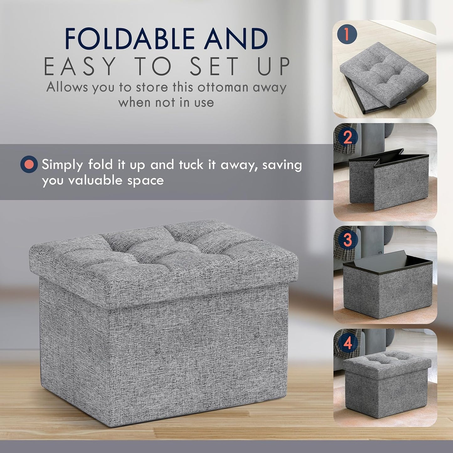 12 16 12, Ornavo Home Small Storage Ottoman Foldable Collapsible Rectangle Linen Ottoman Foot Rest Stool Seat