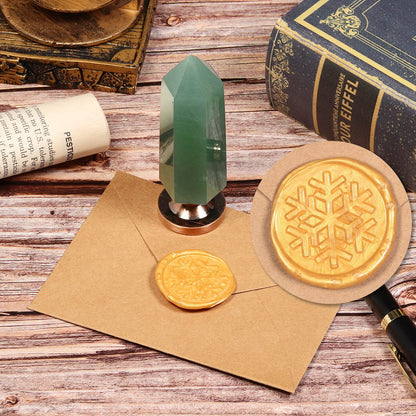 Cheungshing Green Aventurine Crystal Hexagon Prism Wax Seal Stamp, Detachable Vintage Copper Seals for Invitation Cards for Wedding Christmas Halloween Thanksgiving Gift, Snowflake Pattern
