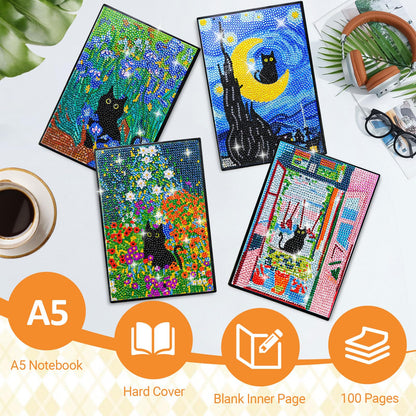 LINGFANG 4 Pack Diamond Art Kits for Adults Teens, Leather Cover Diamond Painting Journals Notebooks, DIY 5D Gem Dots Art Crafts for Teenagers' Birthday, Graduation, Christmas Gifts with Tools (Cat)