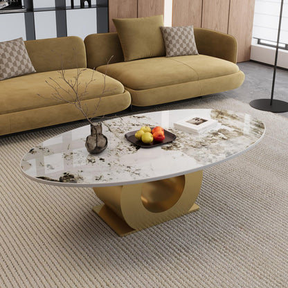 KEIKI 49.2" Modern Sintered Stone Coffee Table with Faux Marble Top & Stainless Steel O-Shaped Base, 15.6" Low Profile Industrial Center Table for Living Room, Contemporary Accent Table, White Gold
