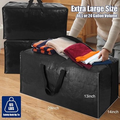 Cosy Family Heavy Duty Extra Large Moving Bags - Strong Handles & Zippers, Space-Saving Storage Totes (Set of 4, Black)