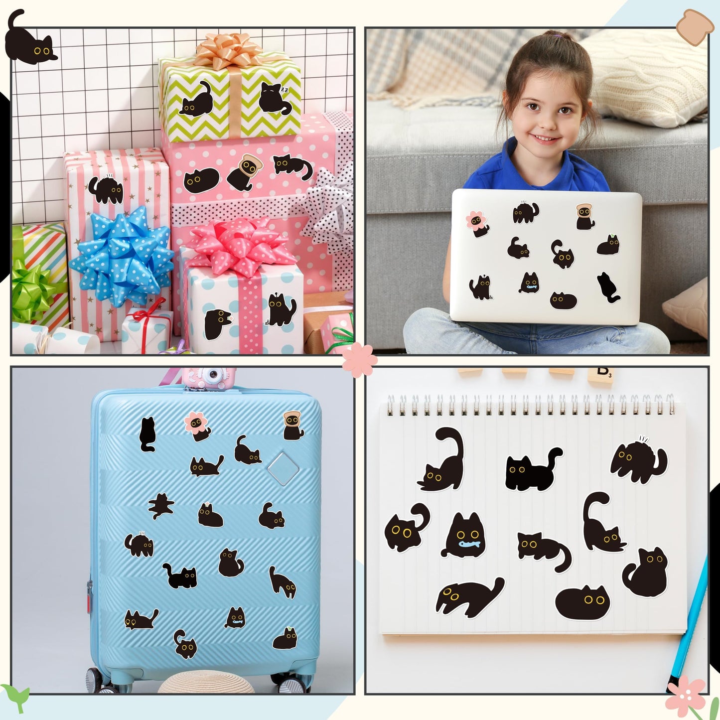 DSjuedui Black Cat 4 Roll Stickers - 2000Pcs Funny Cute Cartoon Meme Decorative Decals for Girls Boys Water Bottles Guitar Skateboard Laptop Kids Rewards Home Decor Birthday Gifts Party Favor Supplies