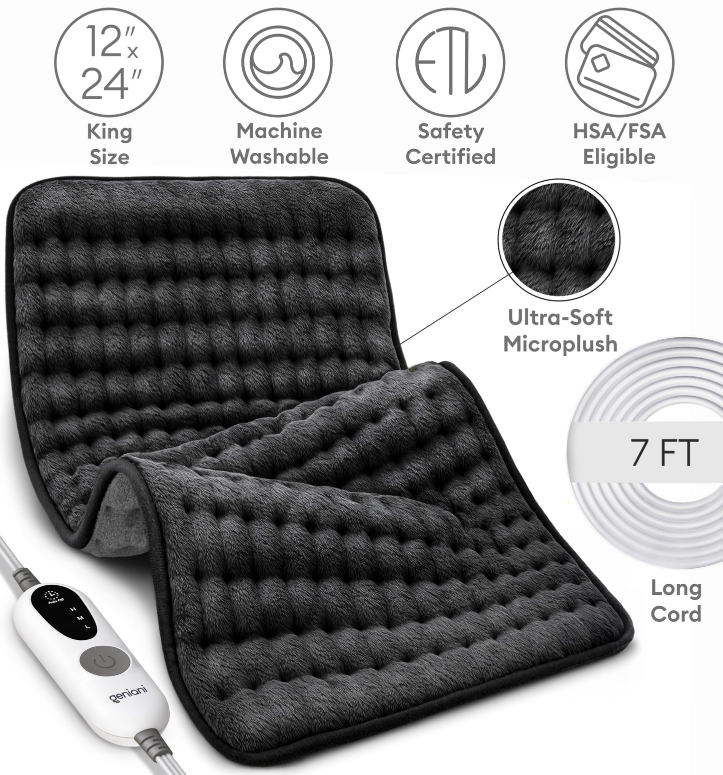 GENIANI Electric Throw - XL Electric Heating Pad for Back Pain & Cramps Relief, Birthday for Women Men Auto Shut Off, Machine Washable, Heat Pad for Neck & Shoulder, 12×24", Tabby Gray