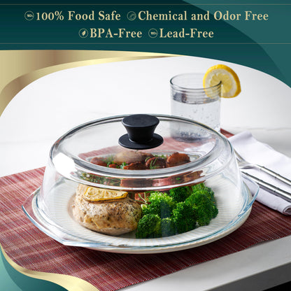 Le’raze Tall Glass Microwave Splatter Cover for Food - Cookware & Bakeware Serving Dish Cover, Plate Guard Lid with Easy Grip Silicone Handle Knob - 100% Food Grade BPA Free & Dishwasher Safe - 10in