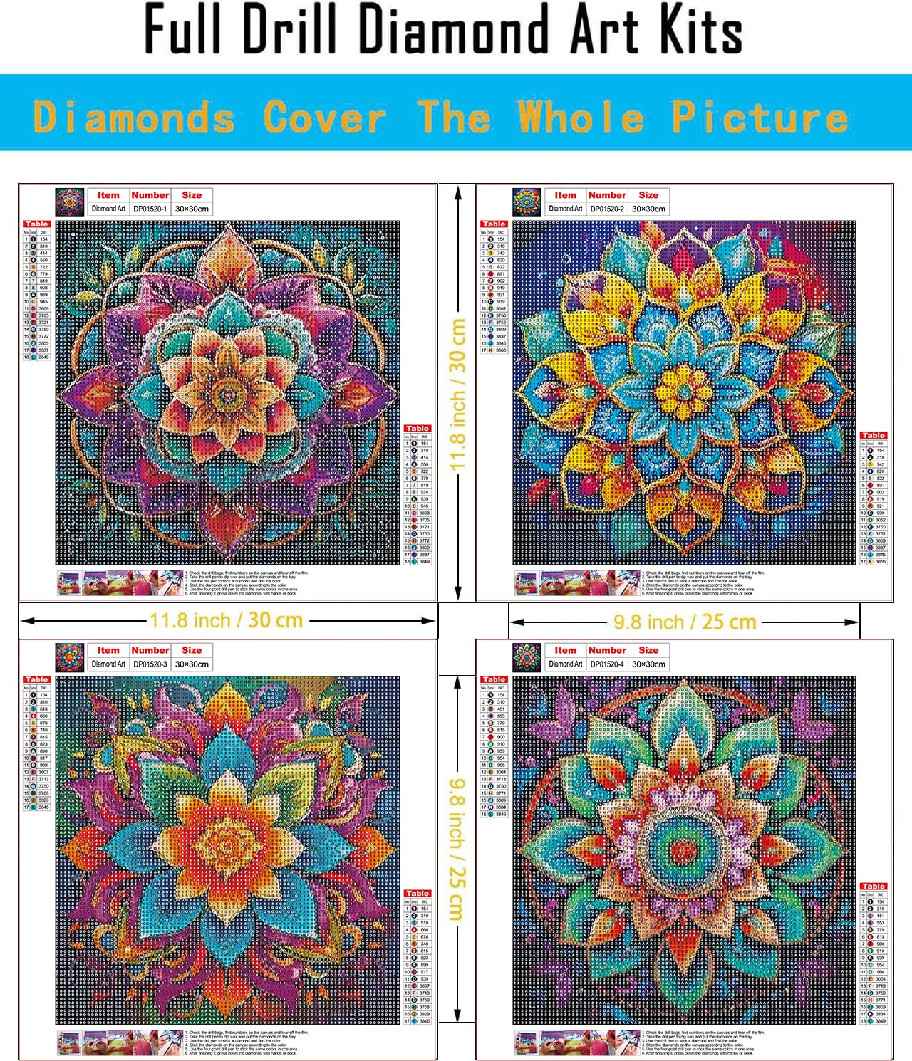 EIBEILI 4 Pack Diamond Art Kits for Adults - Mandala 5D Diamond Painting Kits for Beginner,DIY Gem Art Full Drill Diamond Dots Crystal Craft Kits for Gift Home Wall Decor 12x12inch