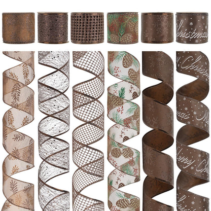 HUIHUANG Brown Wired Ribbon for Christmas Tree Pine Cone Ribbon Wired Brown Glitter Christmas Ribbons for Bows, Wreaths, Garland, Wrapping Crafts, Fall Decorations (2.5" x 6 Rolls, 36 Yds Total)