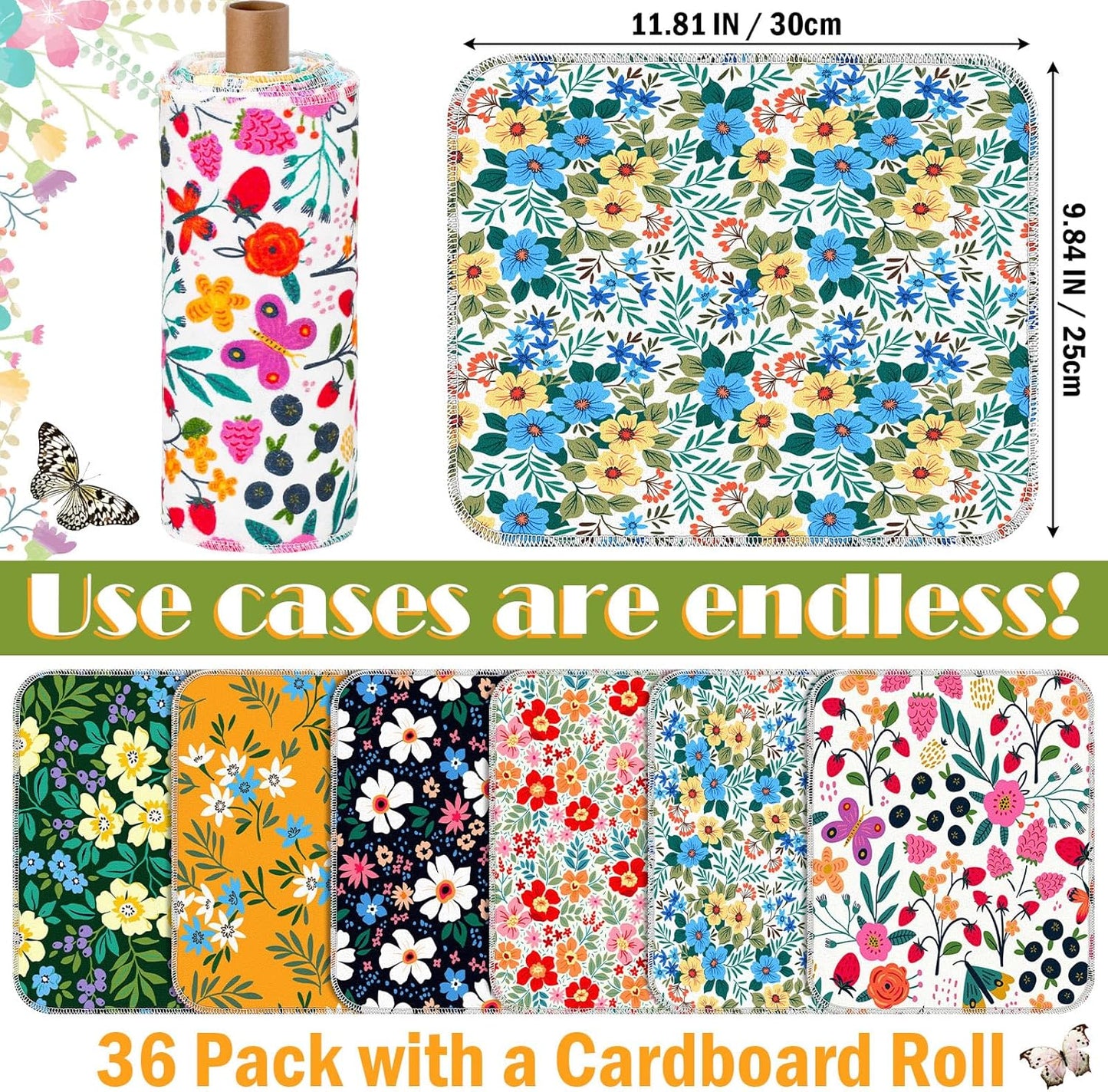 18 Redbaker Pcs Flower Reusable Paper Towels Rolls Washable Paperless Paper Towels Bulk Cloth Cotton Napkin