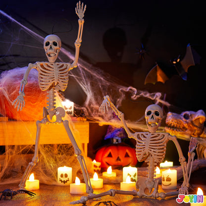 JOYIN 2PCS 16" Halloween Skeleton Decor, Full Body Stayable Movable Joints, Posable Hanging Skeletons for Halloween Decoration, Yard, Graveyard, Haunted House Props, Spooky Scene Party Favor