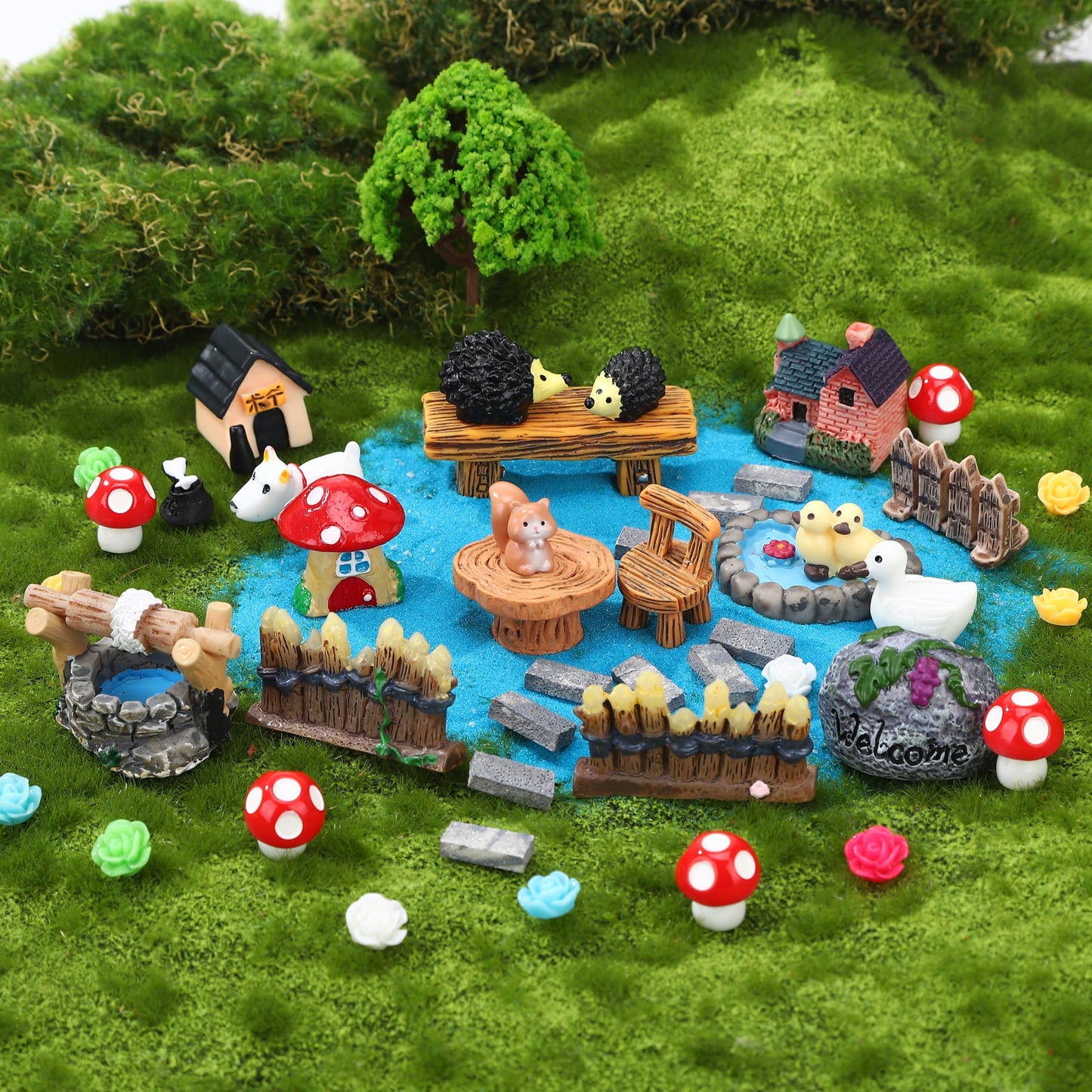 GGSTDDUP 45 Pcs Fairy Garden Accessories Miniatures Garden Kit with Animals, Mushroom House & Trees Miniature Accessories for Terrarium, Dollhouse & Outdoor Decor