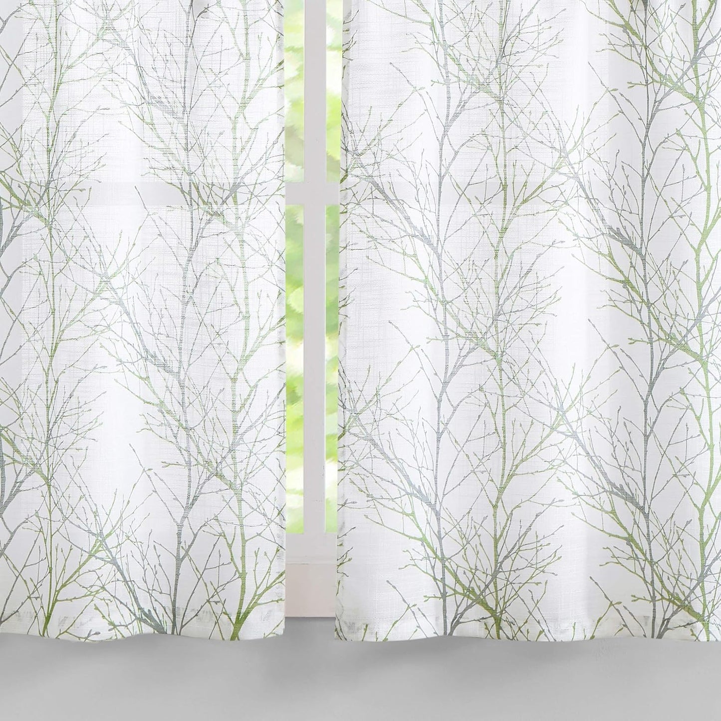 FMFUNCTEX Sage Green Kitchen Curtains, Semi Sheer Linen Tiers for Bathroom, Cafe, 24 Inch Length, 2 Panels