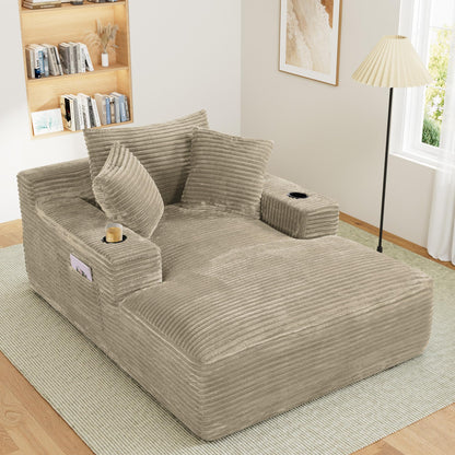 Oversized Chaise Lounge Chair Indoor with Cup Holders & Side Pocket, 50"W x 68"D Plush Corduroy 30D High Density Sponge Boneless Chair with Thickened Backrest Comfy Reading Chair - Light Camel