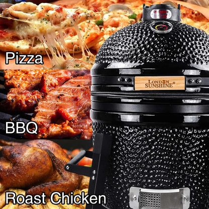 London Sunshine Ceramic Kamado Charcoal BBQ Grill and Smoker, Stainless Steel Grates -15" Ceramic with Tall Stand (BLACK)