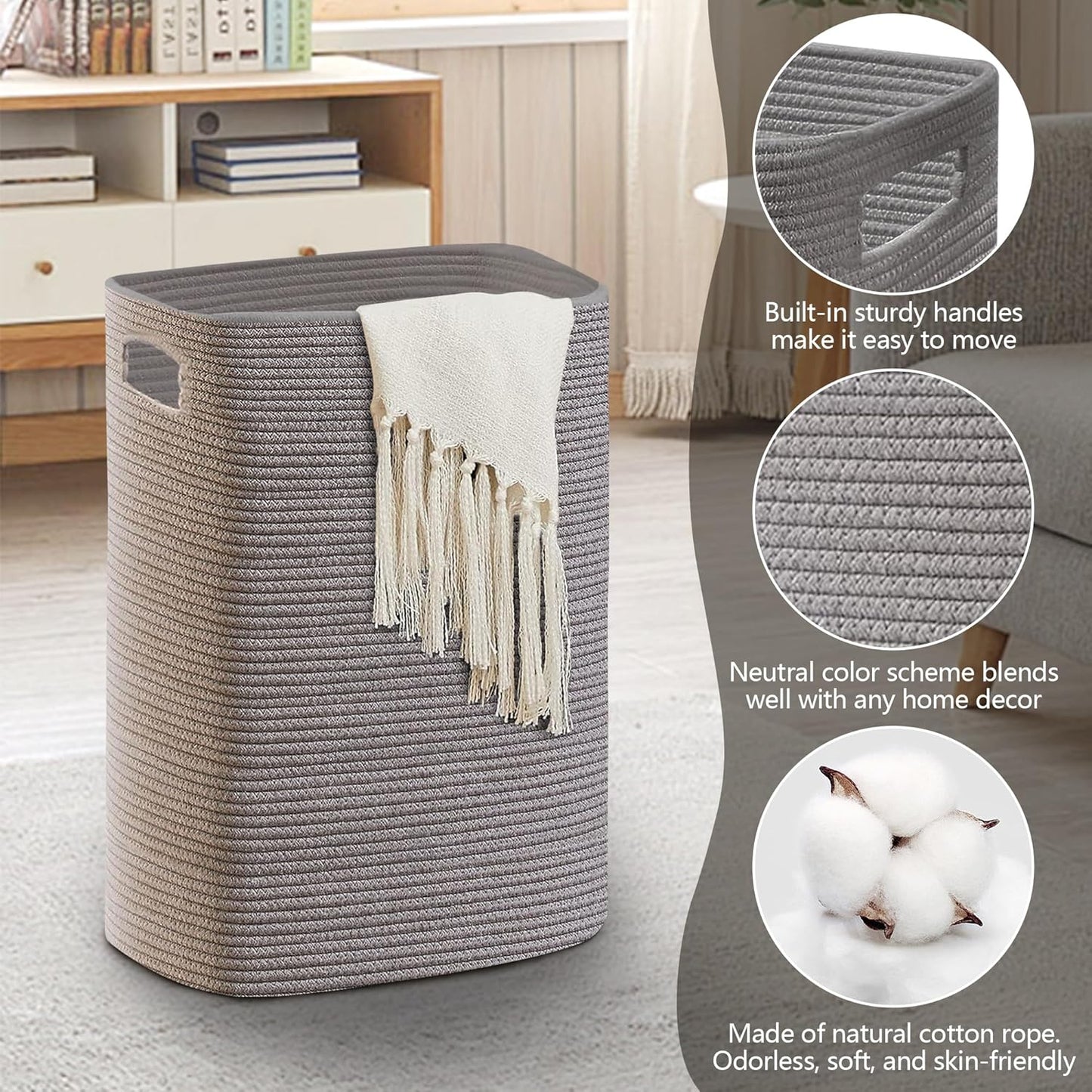 Large Gray Laundry Hamper, 16"x13"x22", Tall Woven Cotton Rope Basket for Dirty Clothes, Soft Laundry Bin, 75L