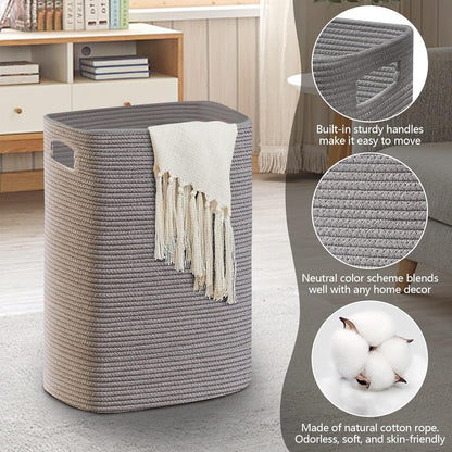 Large Gray Laundry Hamper, 16"x13"x22", Tall Woven Cotton Rope Basket for Dirty Clothes, Soft Laundry Bin, 75L