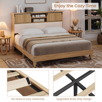 GarveeHome Full Size Solid Wood Bed Frame with Storage Shelves, Rattan Upholstered Bookcase Headboard with Sliding Doors & Adjustable Shelf, No Bos Spring Needed, Natural Solid Wood