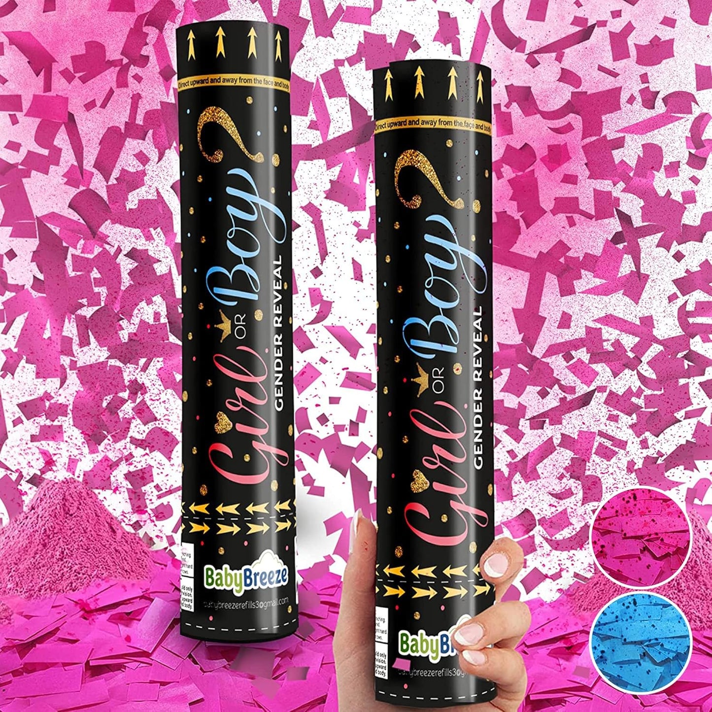 2 Gender Reveal Confetti Powder Cannon - Biodegradable Blue & Pink Poppers for Baby Shower Party Decorations - He