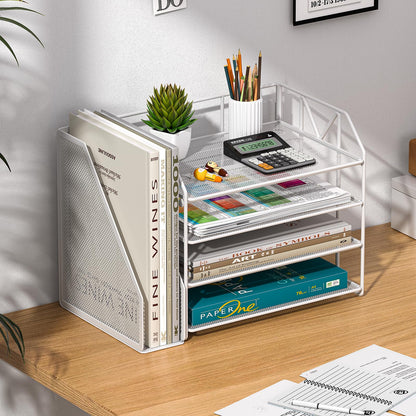 handimp 4-Tier Paper File Organizer with Drawer, Metal Desk Organizer, Tiered Paper Tray for Letter/A4 Files, Desktop Office Supplies Storage Rack, White