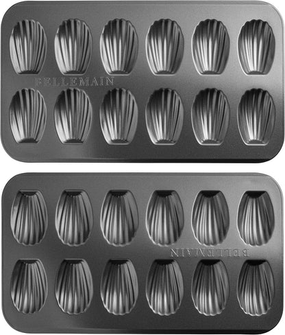 Bellemain Madeleine Pan - 12-Well Nonstick Tea Cake Pan for 12 Madeleines, Warp-Resistant Carbon Steel (2-Pack)