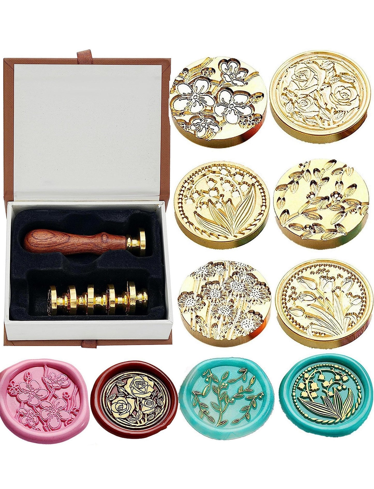 JUPPE 6pcs Flower Wax Seal Stamp Set, Cherry Blossom Rose Bell Orchid Branches Tulip Various Flowers Sealing Wax Stamp for Wedding Invitation, Envelopes, Party, Birthday, Christmas Card, Gift Wrap
