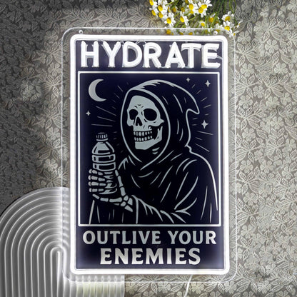 Grim Reaper "Hydrate" LED Neon Sign, Gothic Room Decor Aesthetic, Cool Neon Signs for Gaming Room, White Dimmable Acrylic Light with Printed Skeleton Art, 16.53x11.22"