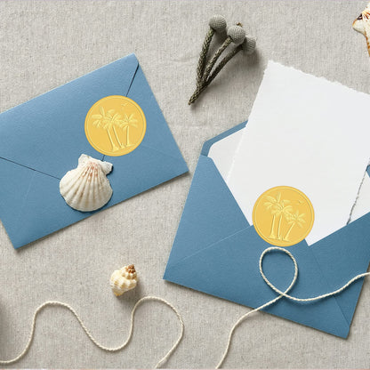 CRASPIRE Palm Coconut Tree Stickers 2" Gold Envelope Seals 100pcs Summer Sea Seagull Beach Embossed Foil Seals Adhesive Seal Stickers Label for Wedding Invitations Card Making Gift Packaging