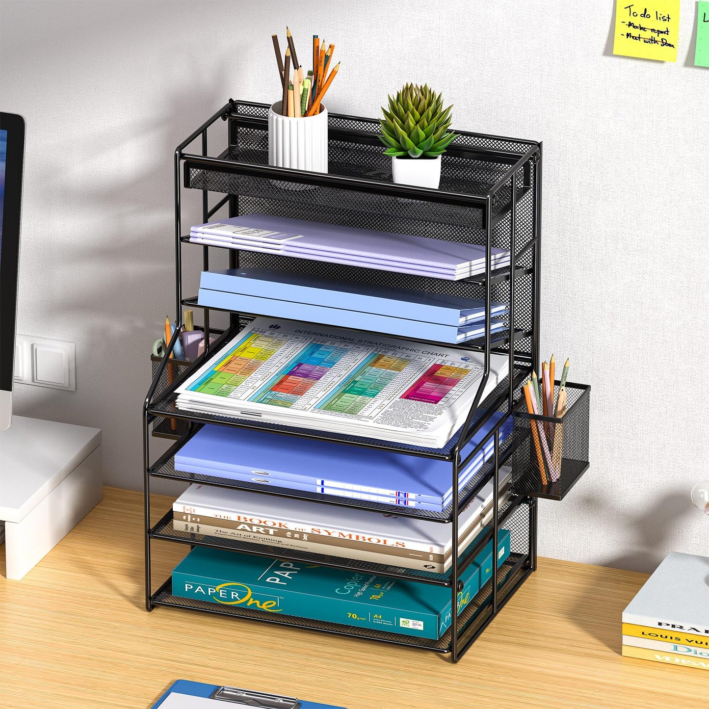 handimp Black 7 Tier Desk File Organizer, Metal Letter Tray Paper Organizer with Pen Holder and Metal Hanging Basket, Vertical Desktop File Holder for Home Office Organization