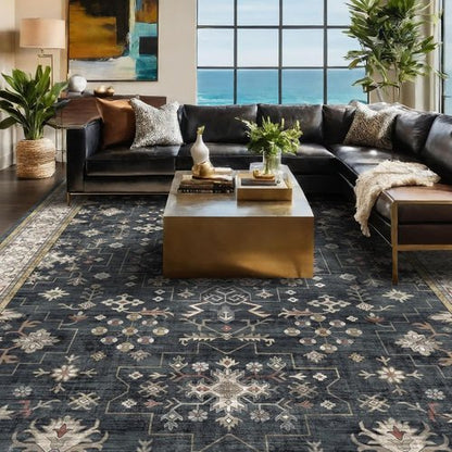 Boho Dining Room Rugs - 6x9 Washable Black Area Rug | Low Pile Non-Slip Design for Living Room & Bedroom