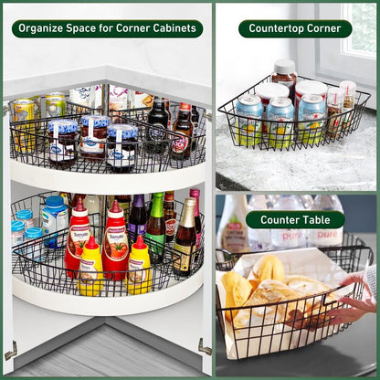 Leeden Lazy Susan Wire Storage Organizer Basket with Handle-Metal Cabinet Storage Bins -Kitchen Cabinet Organizer-1/4 Wedge Can Organizer Black (for 24" Lazy Susan, 4 Pack)
