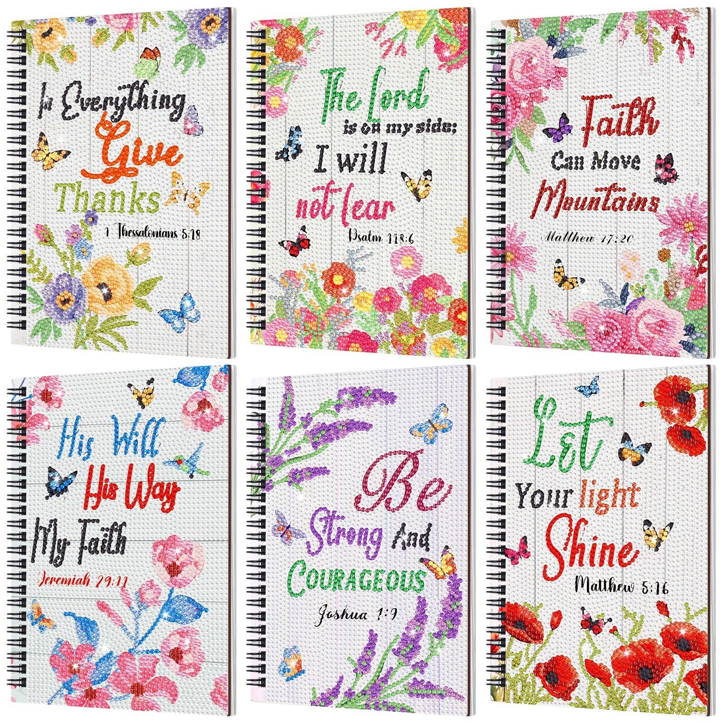 Fullhawl 6 Pack 5D DIY Diamond Art Notebook Kits for Adults Beginner A5 Leather Diamond Painting Gift for Women Art Cover Notepad Sketchbook Journal Crafts Accessories with Tool(Bible Florals)