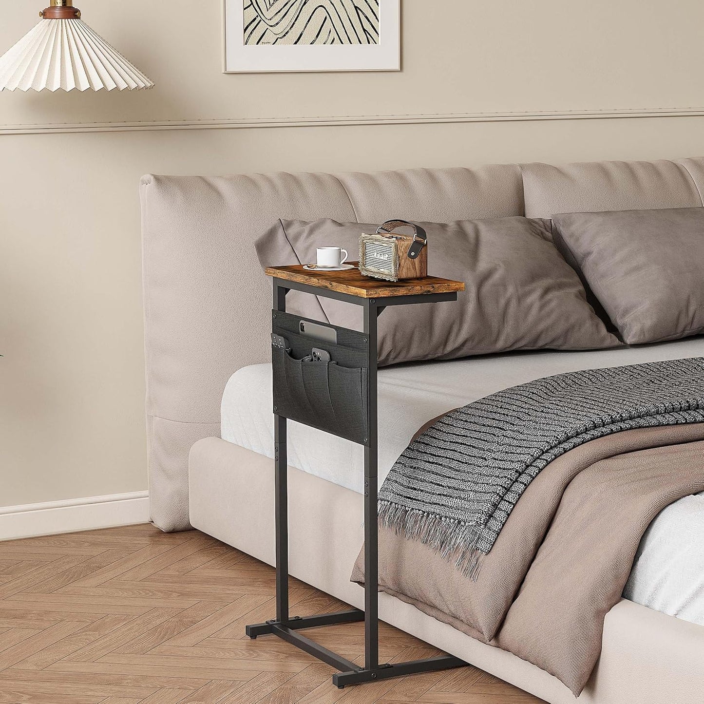 LET501R C Shaped End Table, Side Table for Sofa, Small TV Tray, Couch Table with Storage Bag for Small Space, Living