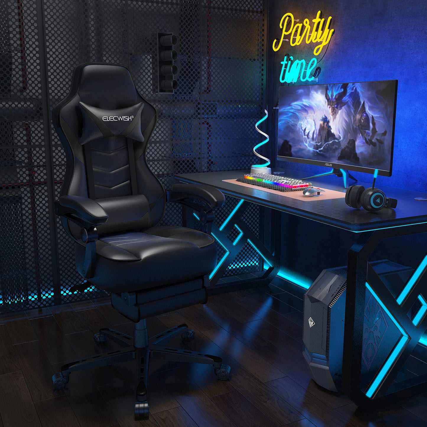 ELECWISH Gaming Chair, Reclining Computer Chair with Footrest and Lumbar Support, High Back Ergonomic for Adults with Headrest PU Leather