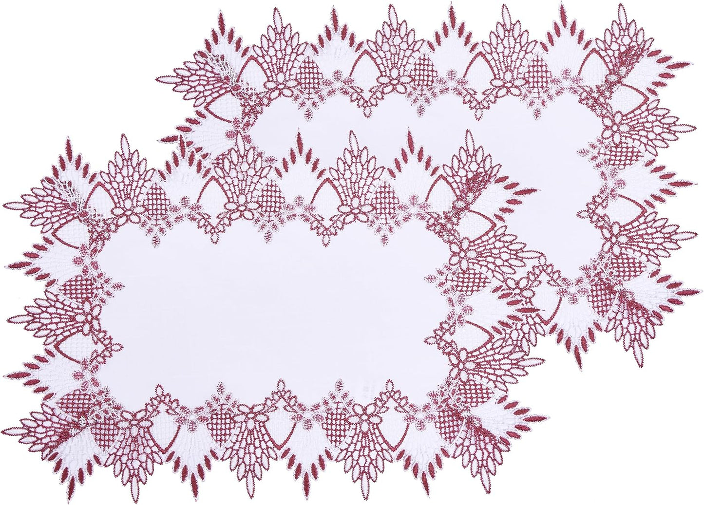 14x20 Set 2 (Set 2, White Dark Red Linen Lace Placemats of Coffee Table Topper Dresser Scarf Place Mats of Dark Red)