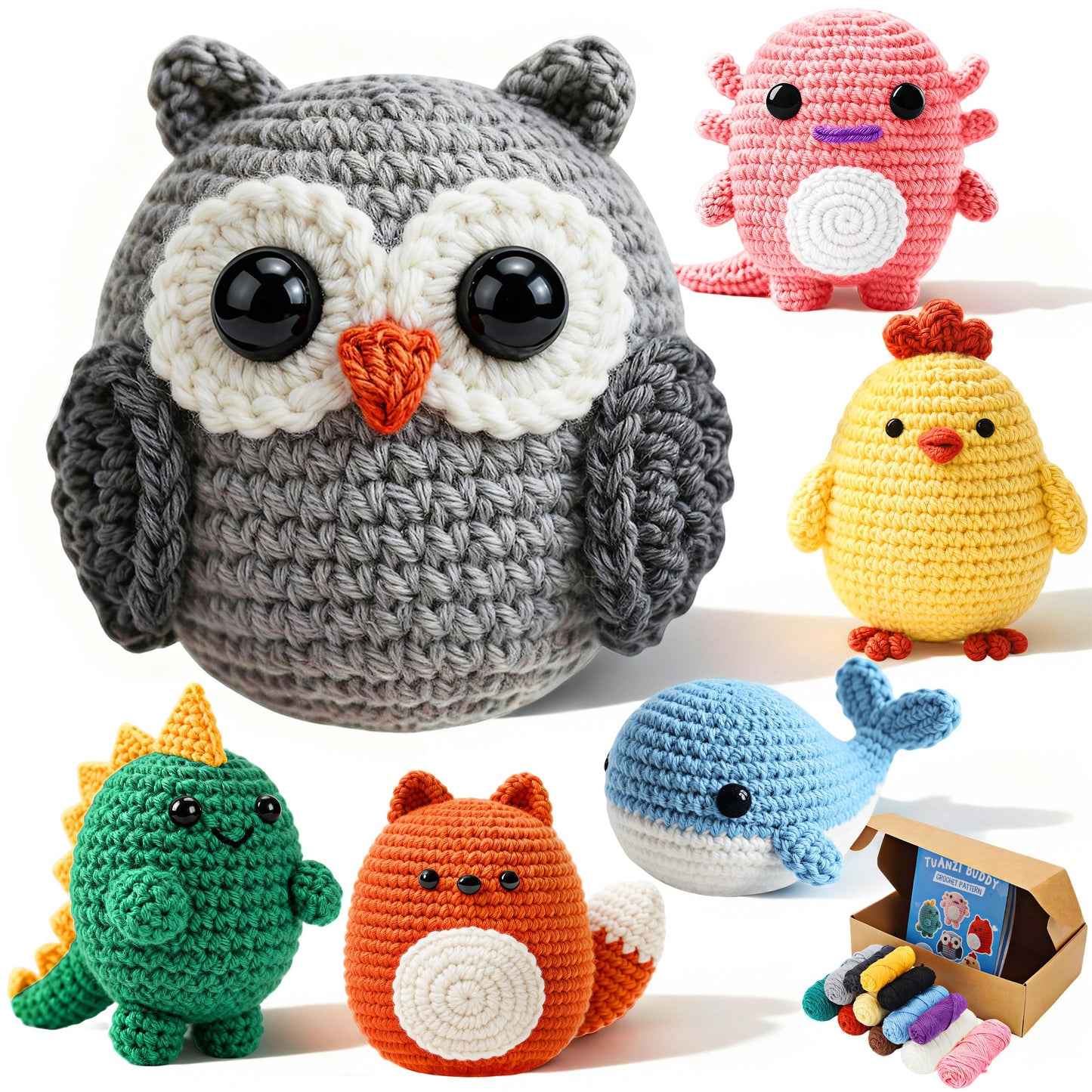 Joyclub Crochet Kit for Beginners 6 PCS Amigurumi Animal Family Crochet Starter Kit with Step-by-Step Video Tutorials 40% Extra Yarn DIY Craft Gifts for Adults Knitting Lovers Mother Teacher Graduates