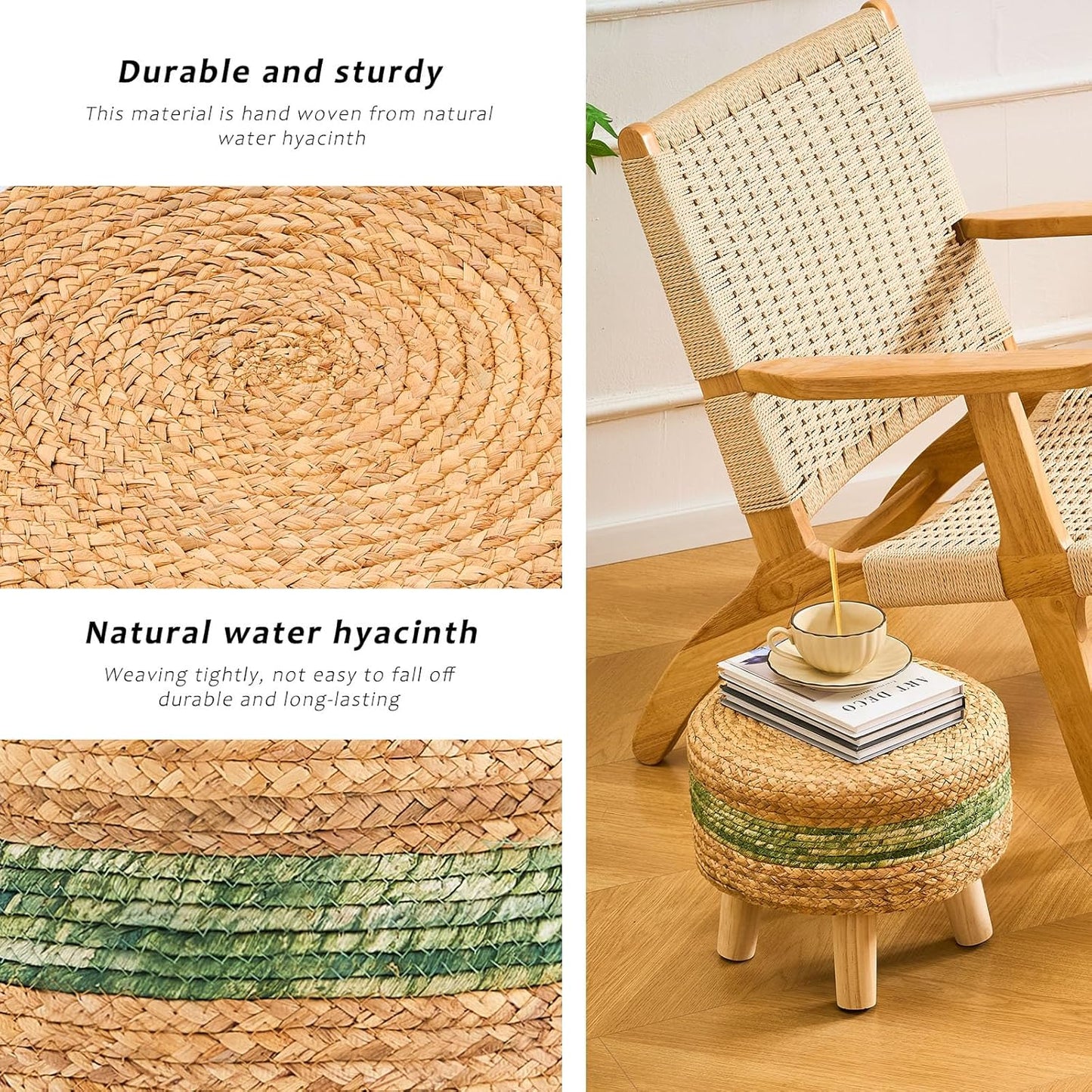 Handwoven Round Ottoman, Natural Water Hyacinth Outdoor Patio Pouf Seagrass Low Stool with Wood Legs, Soft Padded