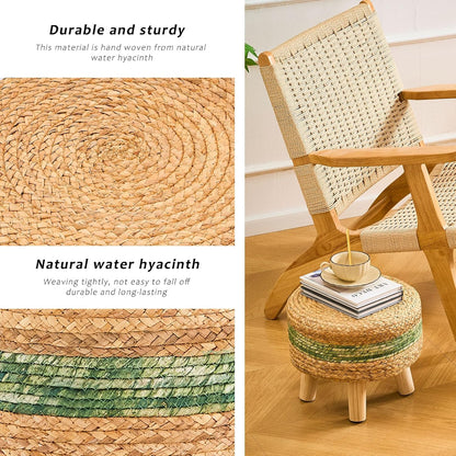 Handwoven Round Ottoman, Natural Water Hyacinth Outdoor Patio Pouf Seagrass Low Stool with Wood Legs, Soft Padded
