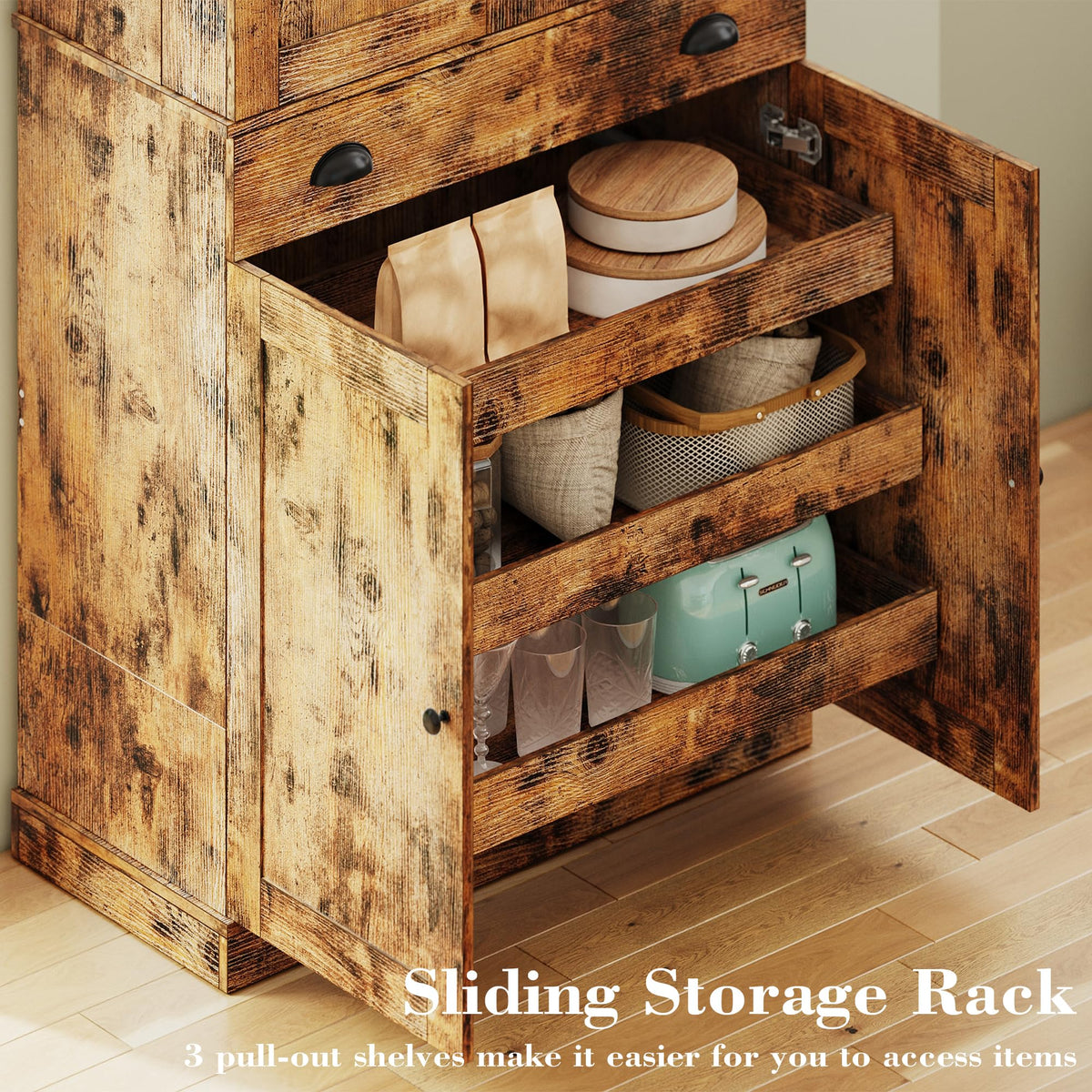 IRONCK Kitchen Pantry Cabinet 72" Height, Freestanding Cupboard with Drawer, Sliding Storage Rack, and 6 Hanging Shelves for Dining Room, Laundry, Living Room, Vintage Brown