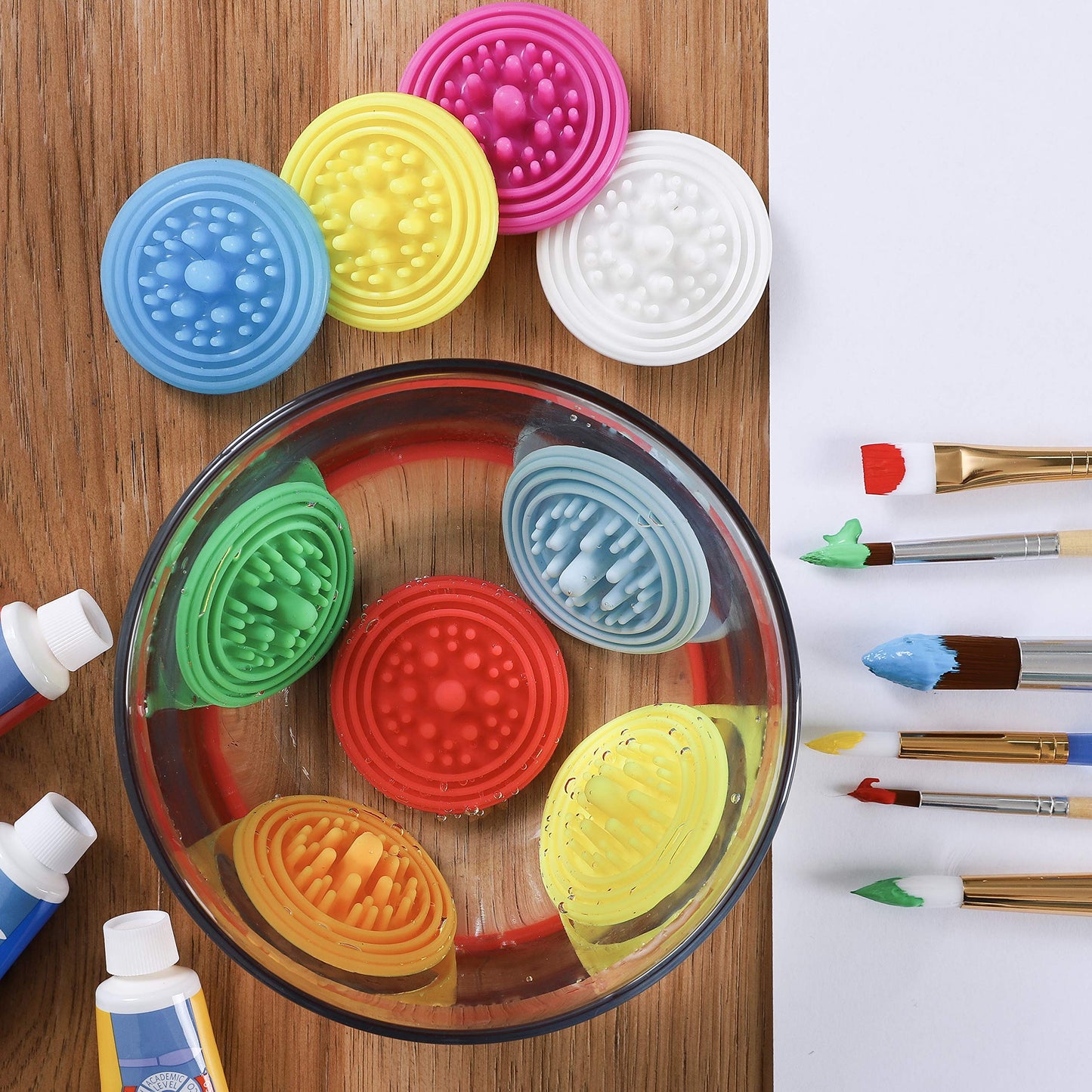 Paint Puck Paint Brush Cleaner (3-Pack, Pink) – Reusable Silicone Insert with Suction & Nubs for Cleaning Acrylic, Oil & Watercolor Brushes – Fits Cups for Classroom, Studio & Home Use
