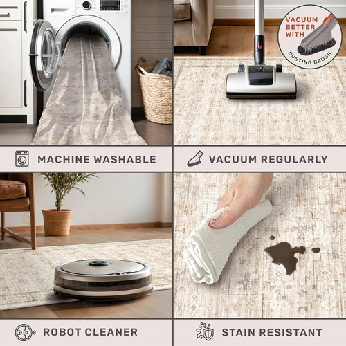 Farmhouse 6x8 Area Rug - Soft Beige Cream Carpet for Living Room, Bedroom & Home Office | Non-Slip & Washable