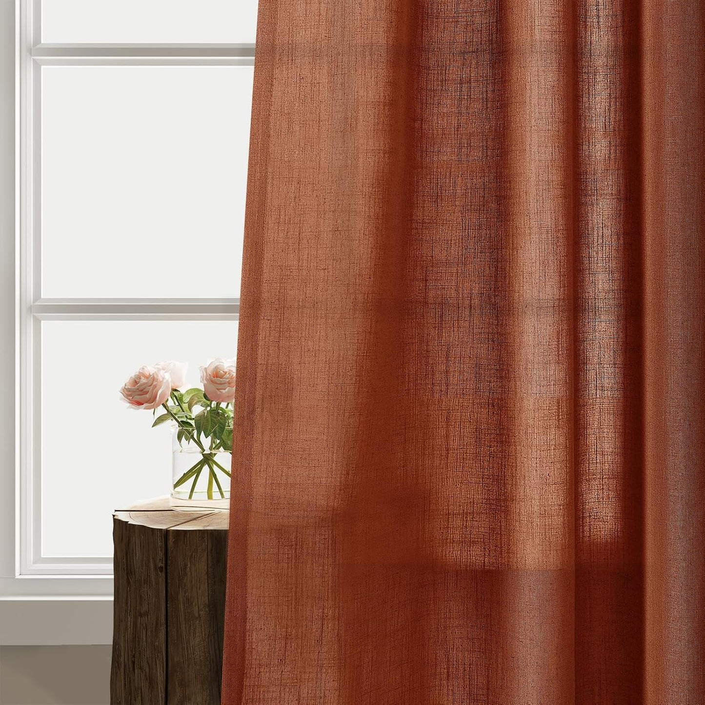 Terracotta Linen Curtains 90 Inch Length, 2 Panels Boho Farmhouse Drapes, Light Filtering Rust Orange Red Semi Sheer