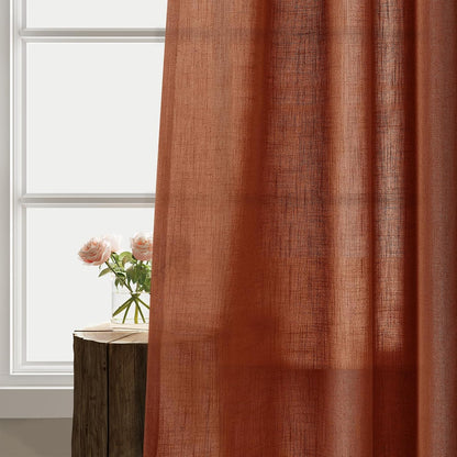 Terracotta Linen Curtains 90 Inch Length, 2 Panels Boho Farmhouse Drapes, Light Filtering Rust Orange Red Semi Sheer