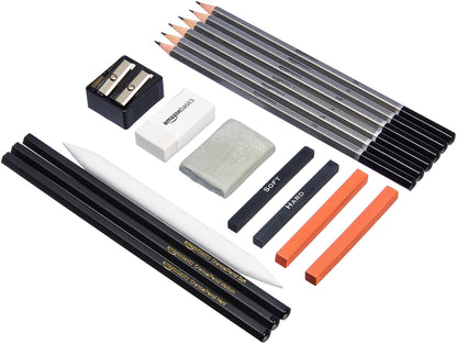 Amazon Basics Sketch and Drawing Art Supply Kit, 17-Piece, Charcoal and Pencil Set, Black, White