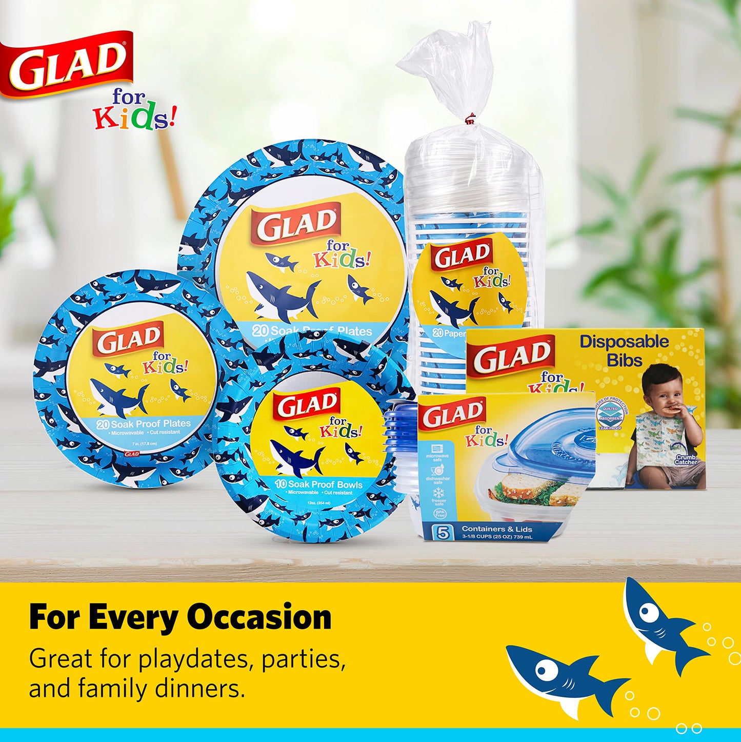 Glad for Kids Shark Paper Disposable Bibs with Crumb Catcher for Feeding - Absorbent and Leakproof Eating and Travel Must Haves for Mess-Free Meals, 30 Count