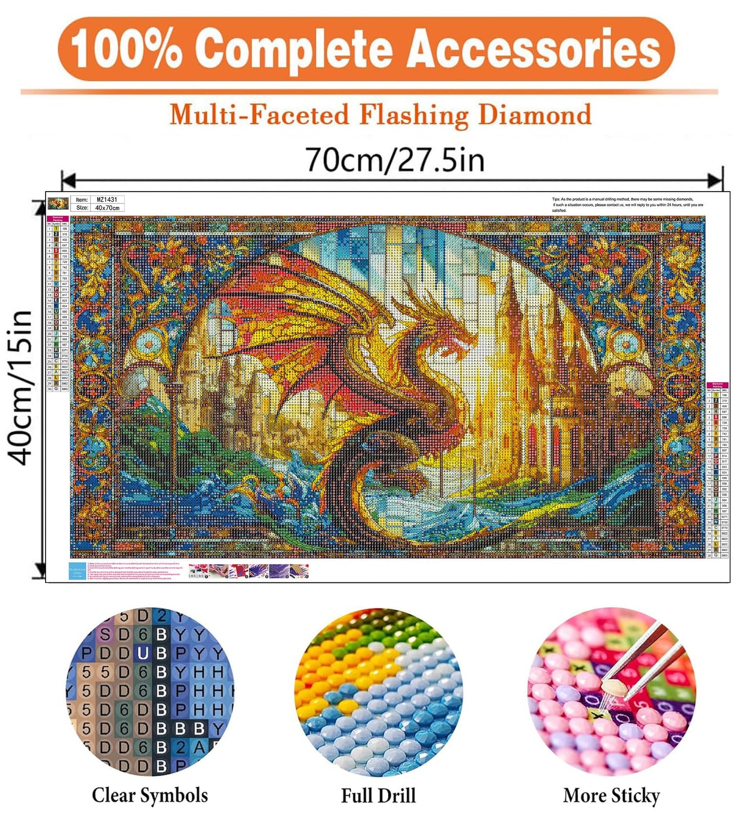igoodom Large Diamond Painting, Stained Glass Dragon Diamond Art Kits for Adults, Full Drill Round Big Diamond Painting, DIY Gem Art and Crafts for Home Wall Decor Gift 27.5 X 15.7inch