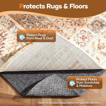 Veken Non-Slip Rug Pad Gripper - 8 x 10 Ft Felt & Silicone Backing | 1/8 Inch Thick Anti-Skid Mat