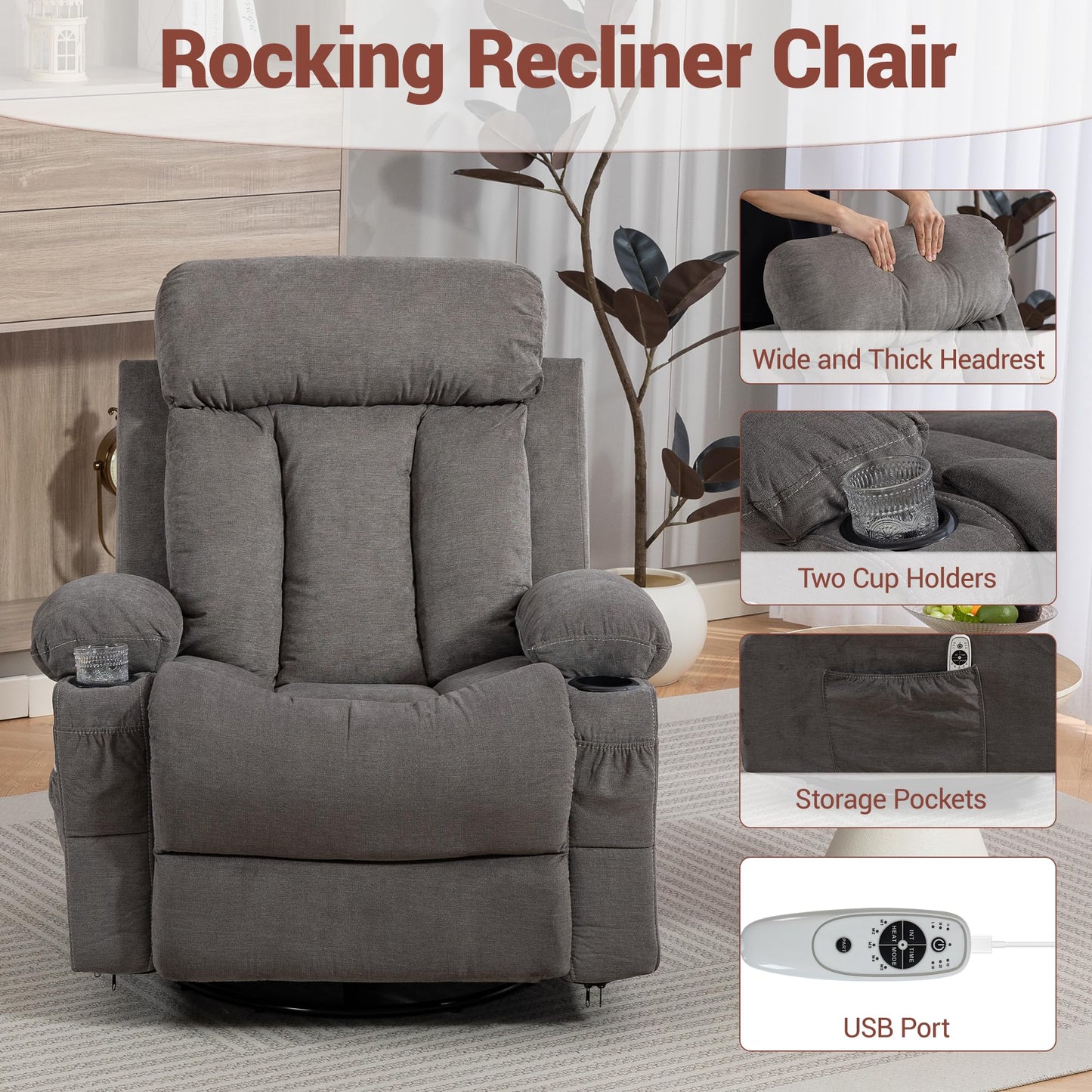 WINVO Rocker Recliner, Glider Recliner Chairs for Adults, 360° Swivel Recliner Chair w/Massage and Heating, Nursery Chair with Rocking Function, Side Pocket, Cup Holders for Living Room, Bedroom, Grey