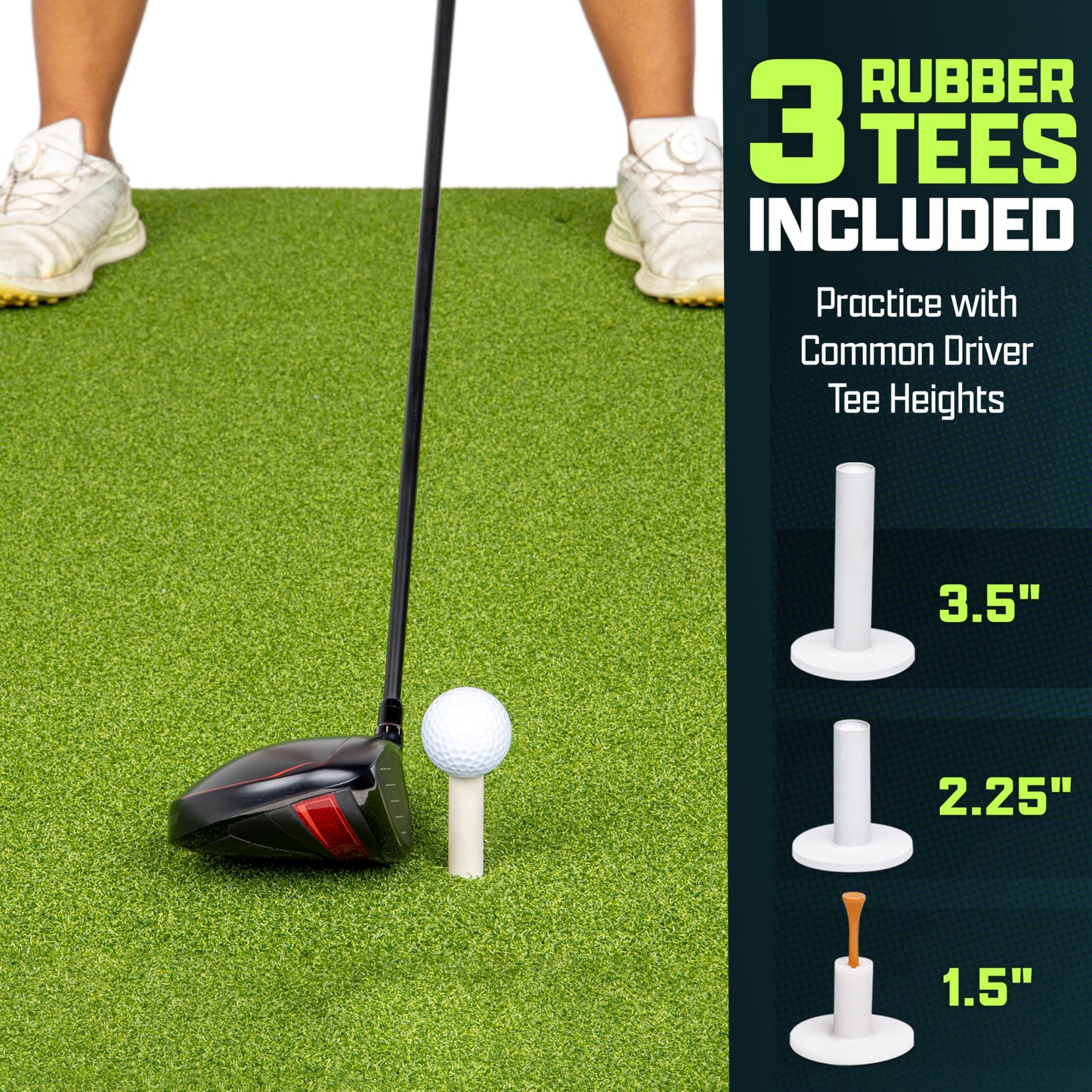 GoSports Golf Hitting Mat - ELITE 5 x 5 ft - 15 mm Artificial Turf Training Mat for Indoor/Outdoor Swing Practice, Includes 3 Rubber Tees