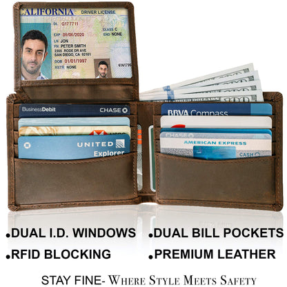 Top Grain Leather Wallet for Men | RFID Blocking | Extra Capacity Bifold Wallet with 2 ID Windows | Ultra Strong Stitching | Slim Billfold with 8 Card Slots | Gift for Him