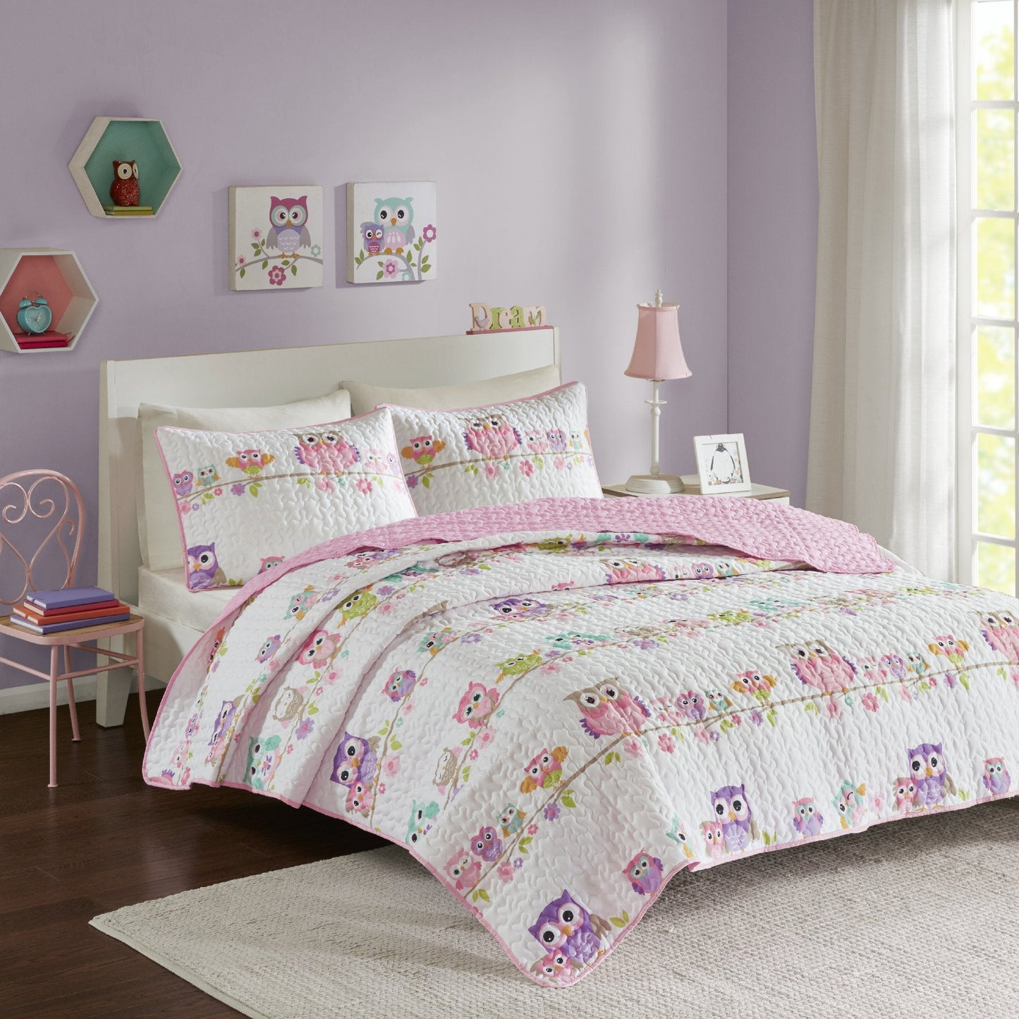 Comfort Spaces Quilt Set Novelty Design All Season Lightweight Coverlet Bedding Bedspread Kids, Teens Girls Bedroom Decor, Howdy Hoots Owl Pink, Full/Queen, 3 Piece