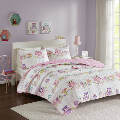 Comfort Spaces Quilt Set Novelty Design All Season Lightweight Coverlet Bedding Bedspread Kids, Teens Girls Bedroom Decor, Howdy Hoots Owl Pink, Full/Queen, 3 Piece